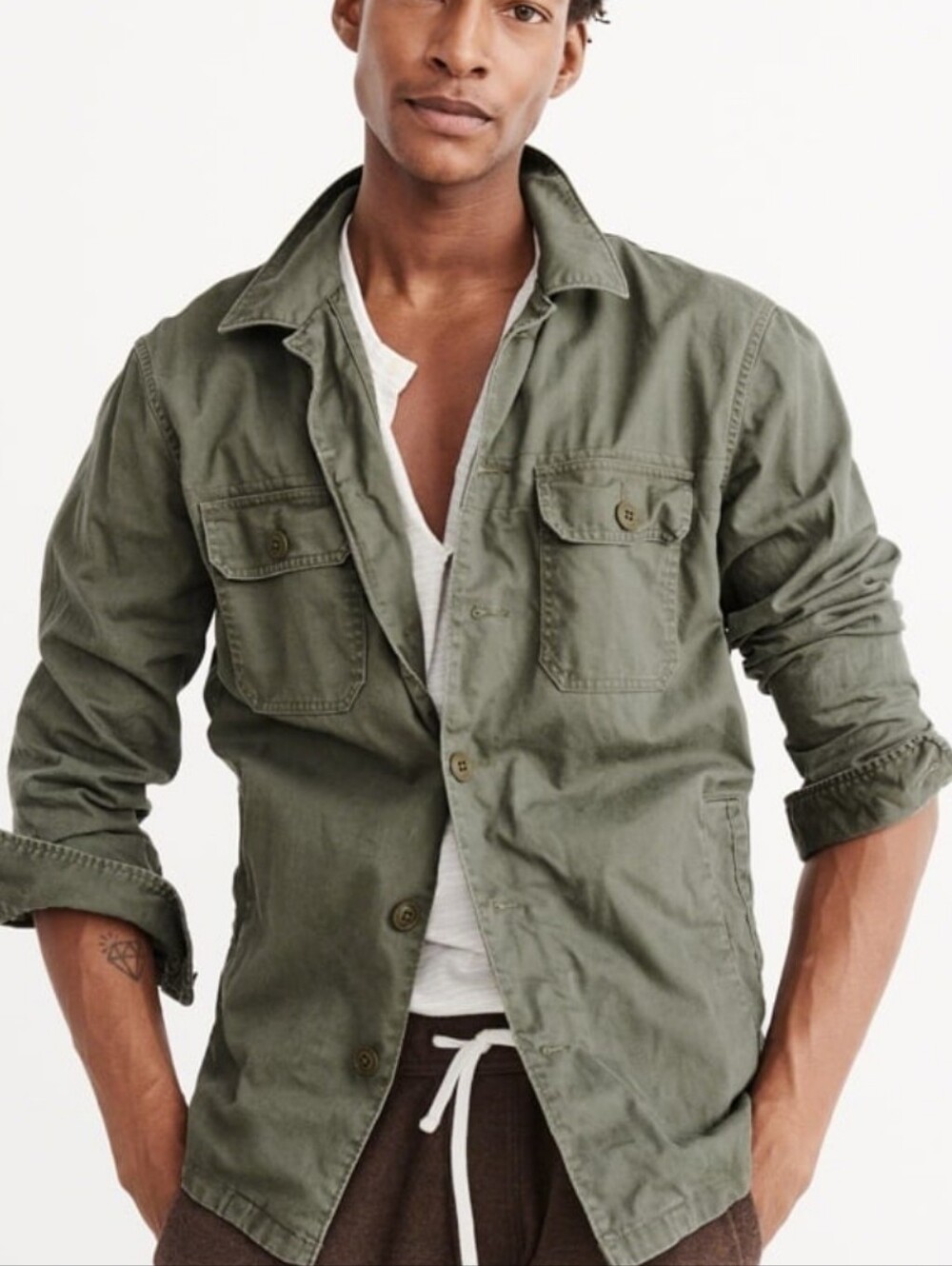 Abercrombie & Fitch Men's Olive Khaki Green Button-Up Field Jacket - 4 Pockets S